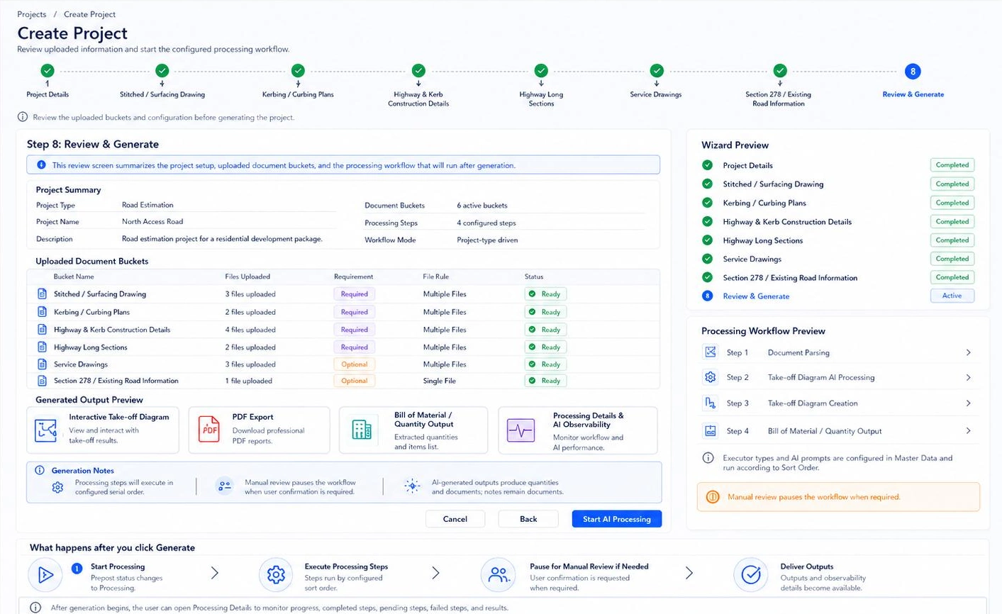 Review and Generate design reference from Applebridge discovery, showing document buckets and review before processing.