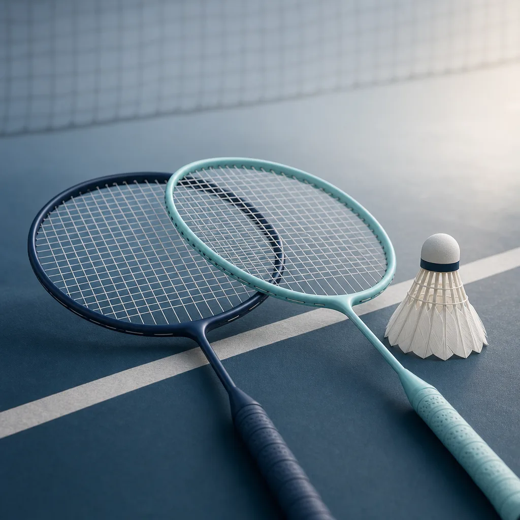 Editorial illustration of two badminton rackets and a shuttlecock on an indoor court